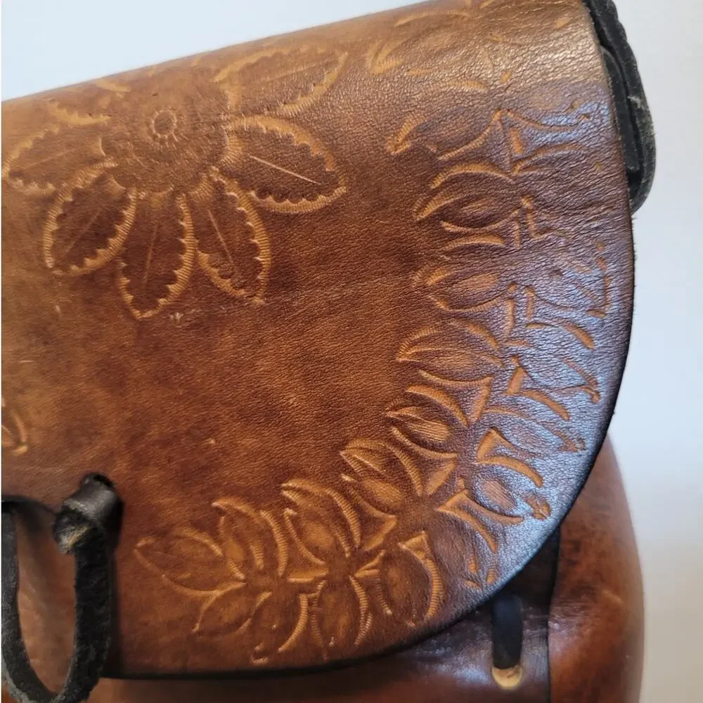 Seventies Tooled Leather Brown Shoulder Bag Boho Folk Charm Wanderer Retro Style